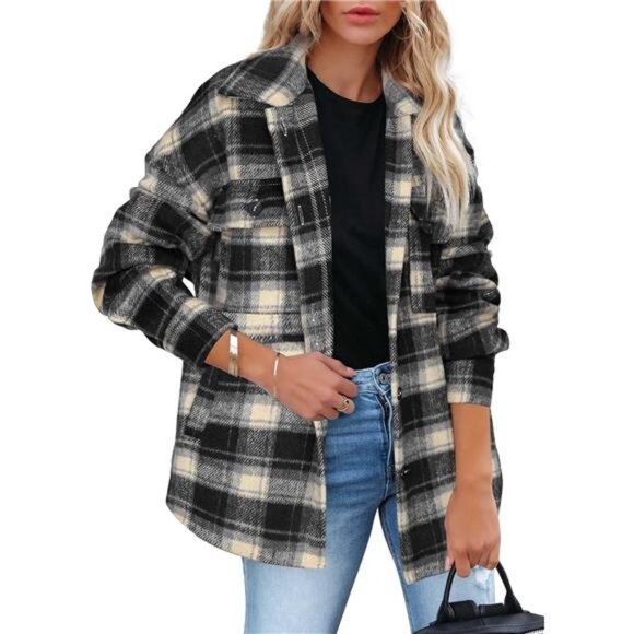Oversized Plaid Flannel Shacket – Cozy Button-Down Jacket with Pockets - Picture 1 of 6